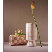 Vaas pastel roze / oranje geruit op poot 22cm